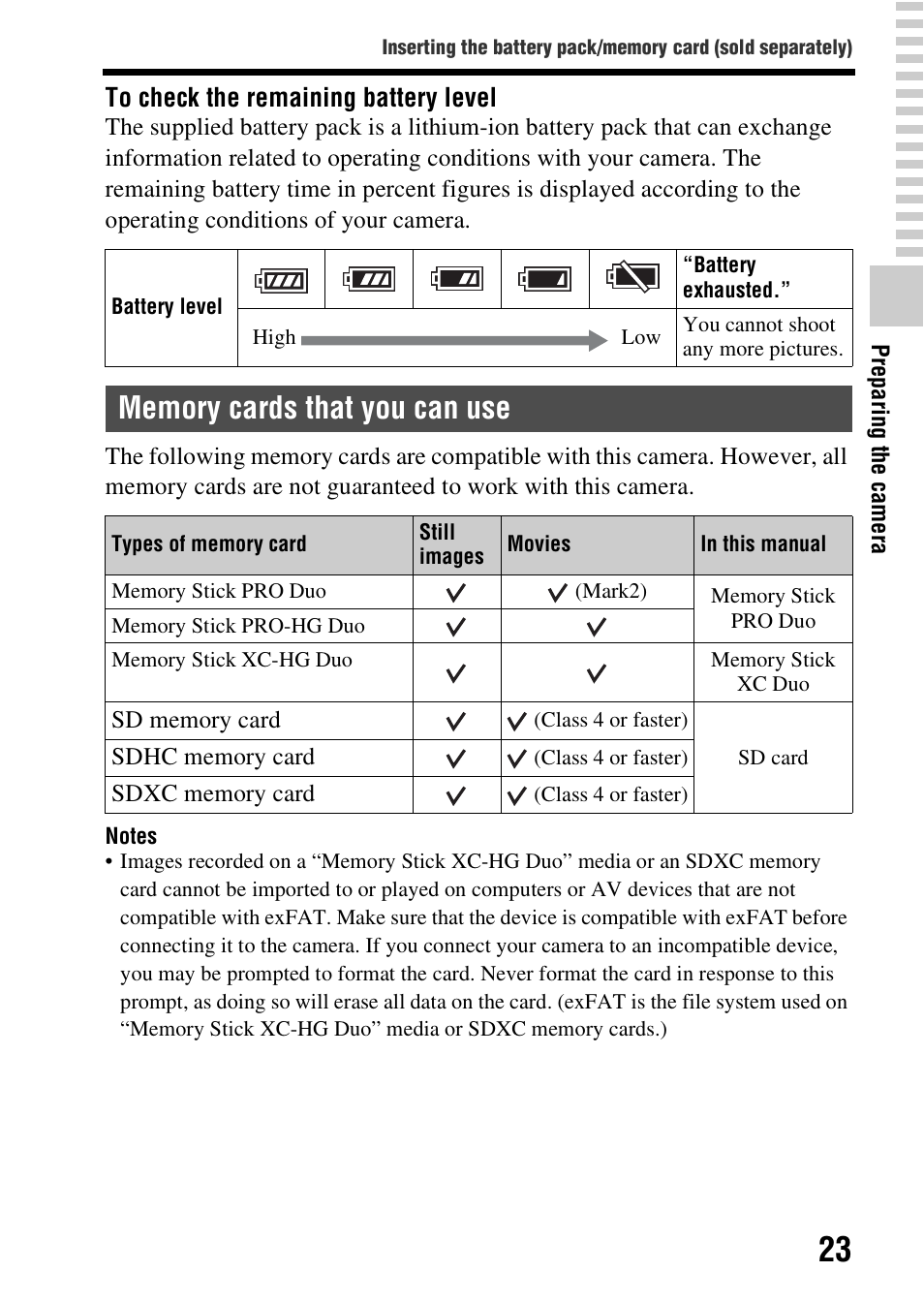 Memory cards that you can use | Sony SLT-A58 User Manual | Page 23 / 215