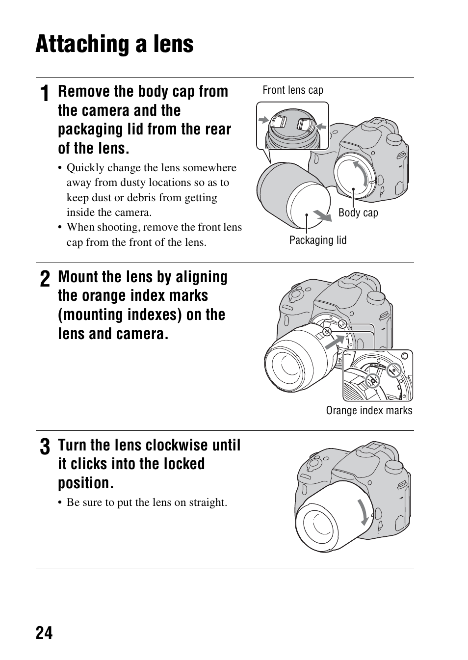 Attaching a lens | Sony SLT-A58 User Manual | Page 24 / 215