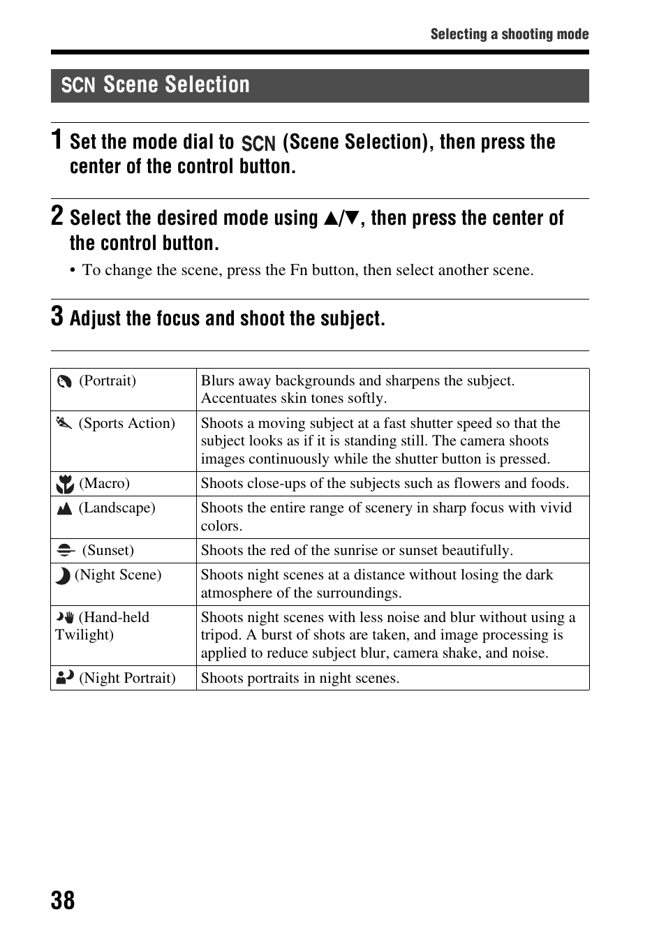 Scene selection | Sony SLT-A58 User Manual | Page 38 / 215