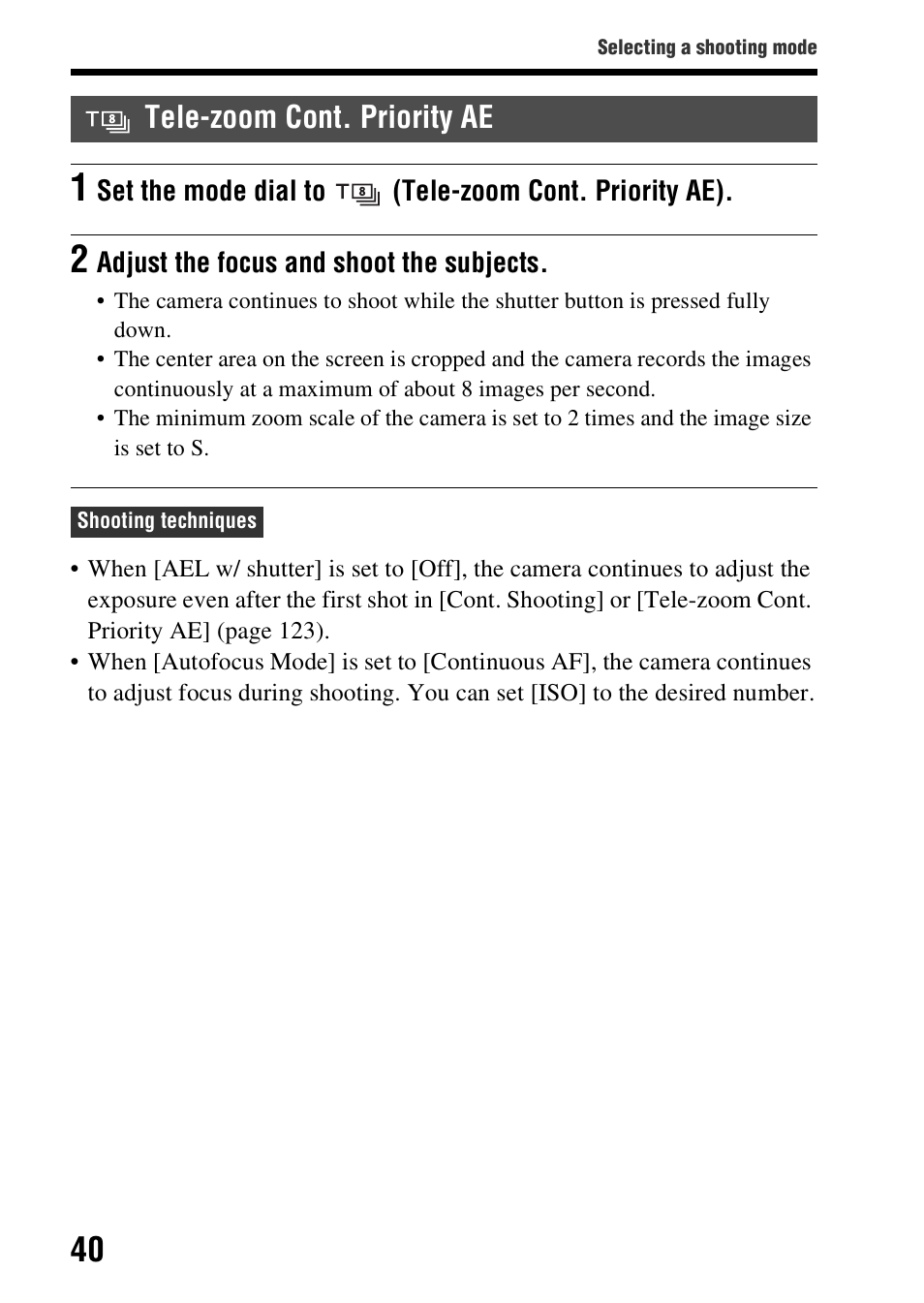 Tele-zoom cont. priority ae | Sony SLT-A58 User Manual | Page 40 / 215