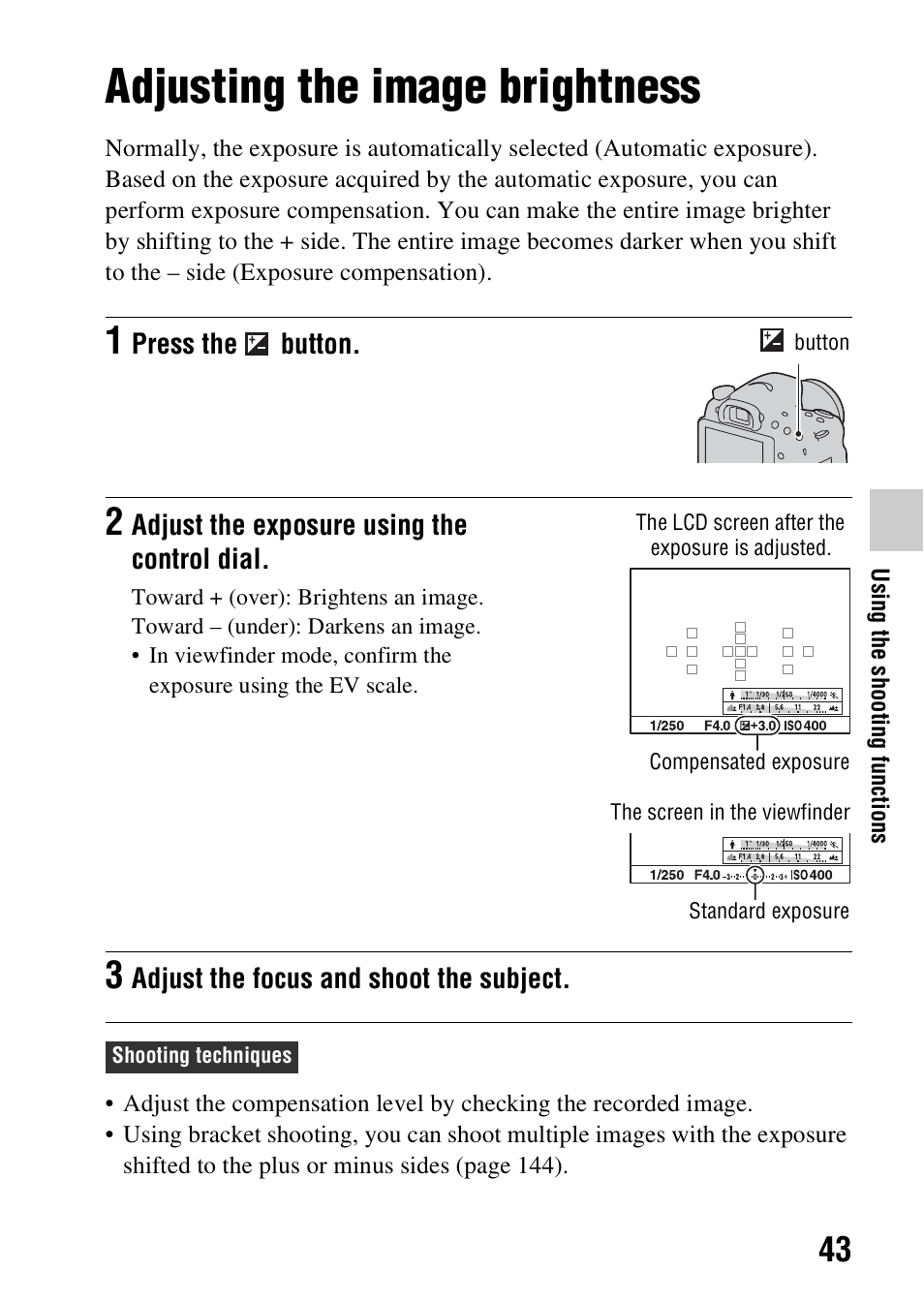 Adjusting the image brightness, N (43) | Sony SLT-A58 User Manual | Page 43 / 215