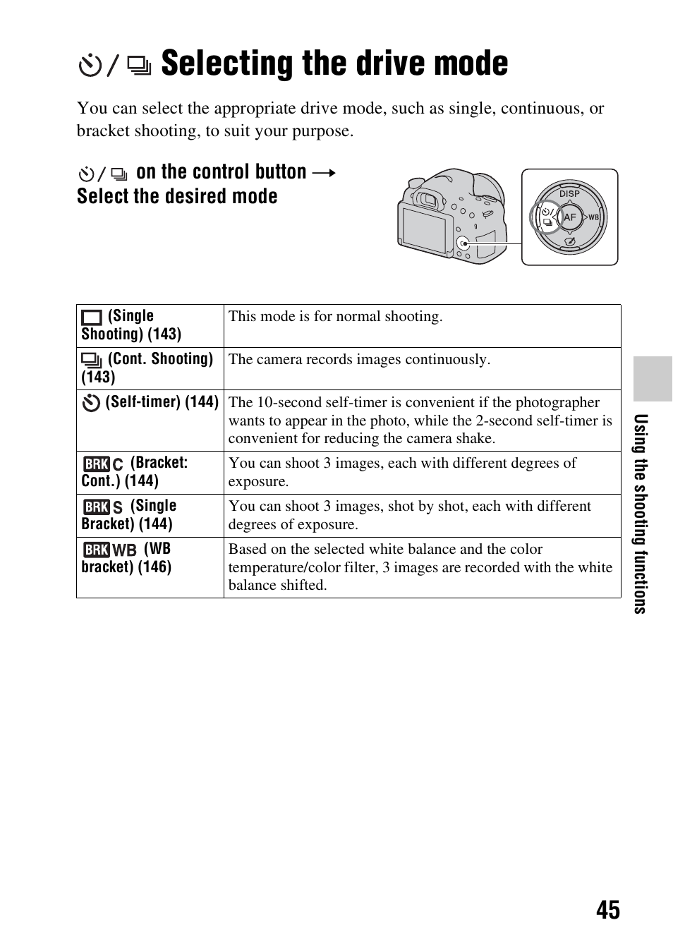 Selecting the drive mode, On the control button t select the desired mode | Sony SLT-A58 User Manual | Page 45 / 215