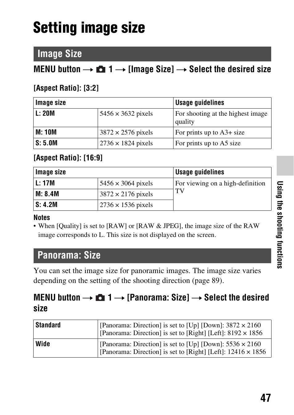 Setting image size, Image size, Panorama: size | Image size panorama: size | Sony SLT-A58 User Manual | Page 47 / 215