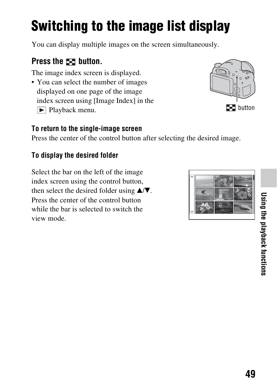 Switching to the image list display, N (49) | Sony SLT-A58 User Manual | Page 49 / 215