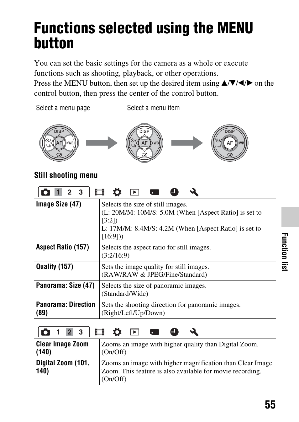 Functions selected using the menu button, N (55) | Sony SLT-A58 User Manual | Page 55 / 215