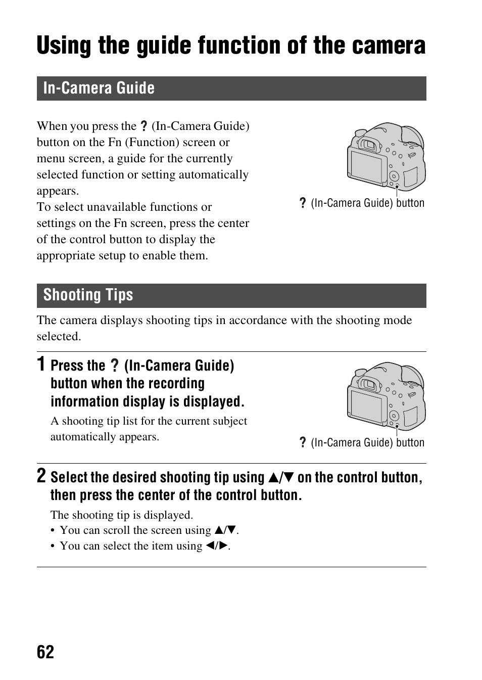 Using the guide function of the camera, In-camera guide, Shooting tips | In-camera guide shooting tips, St (62) | Sony SLT-A58 User Manual | Page 62 / 215