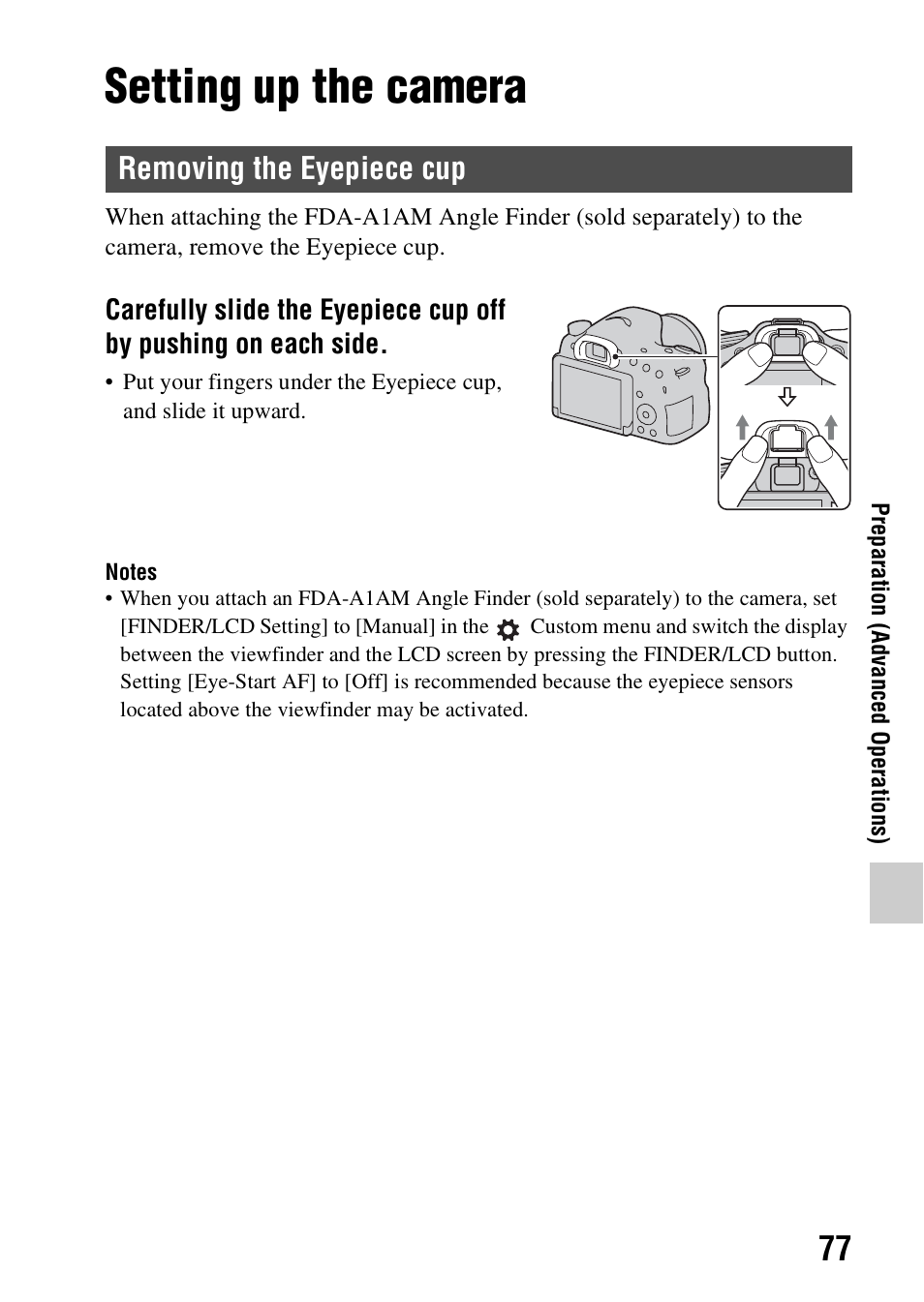Preparation, Setting up the camera, Removing the eyepiece cup | Sony SLT-A58 User Manual | Page 77 / 215