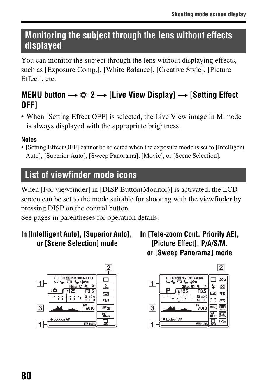 List of viewfinder mode icons, Displayed | Sony SLT-A58 User Manual | Page 80 / 215