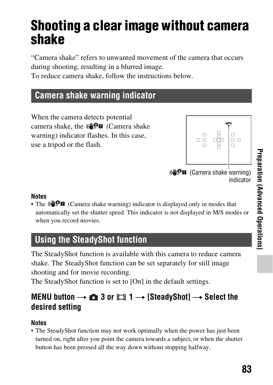 Shooting a clear image without camera shake, Camera shake warning indicator, Using the steadyshot function | Hot (83) | Sony SLT-A58 User Manual | Page 83 / 215