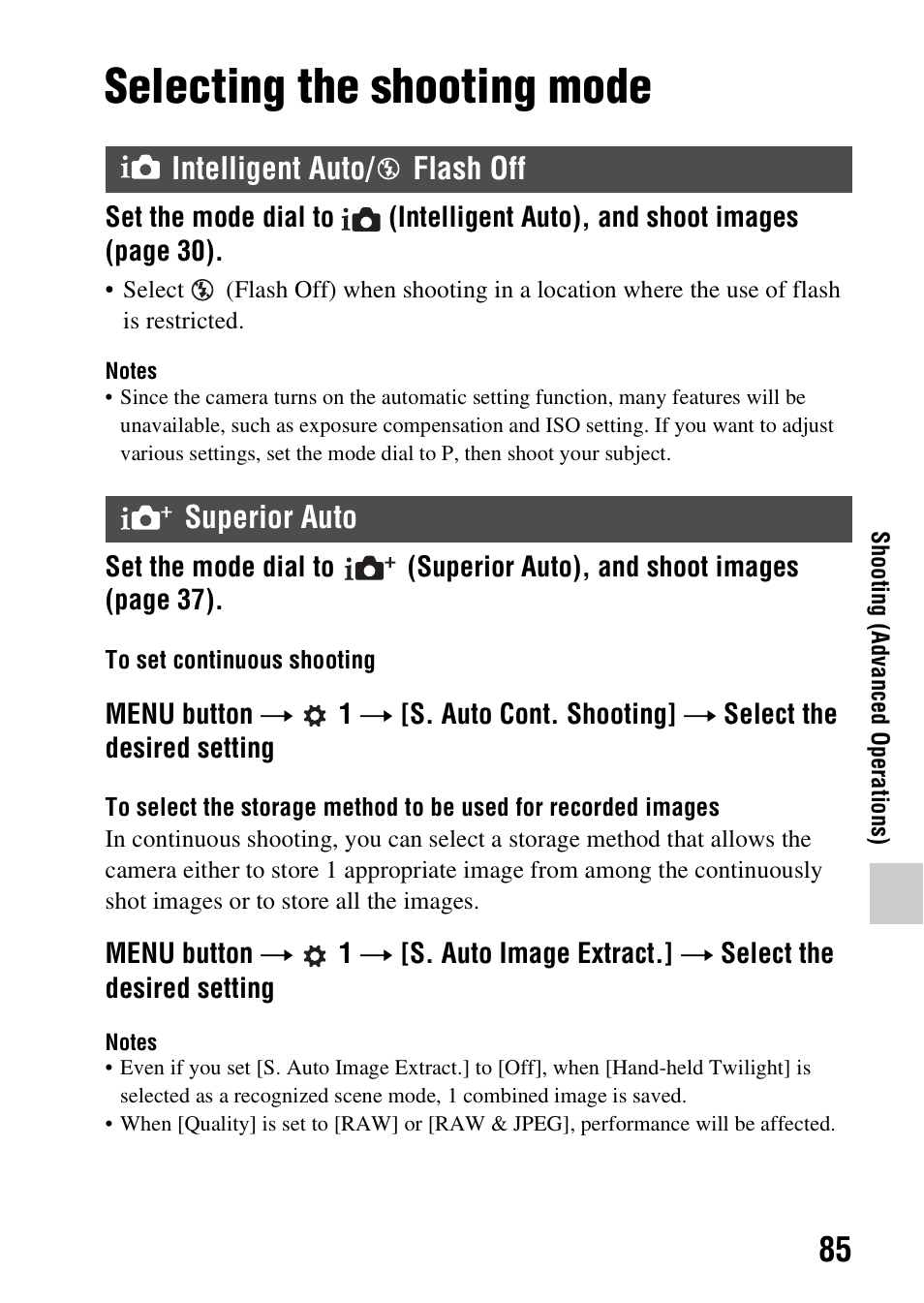 Shooting, Selecting the shooting mode, Intelligent auto/ flash off | Superior auto, Intelligent auto, Flash off, Ting (85), Intelligent auto/ flash off superior auto | Sony SLT-A58 User Manual | Page 85 / 215