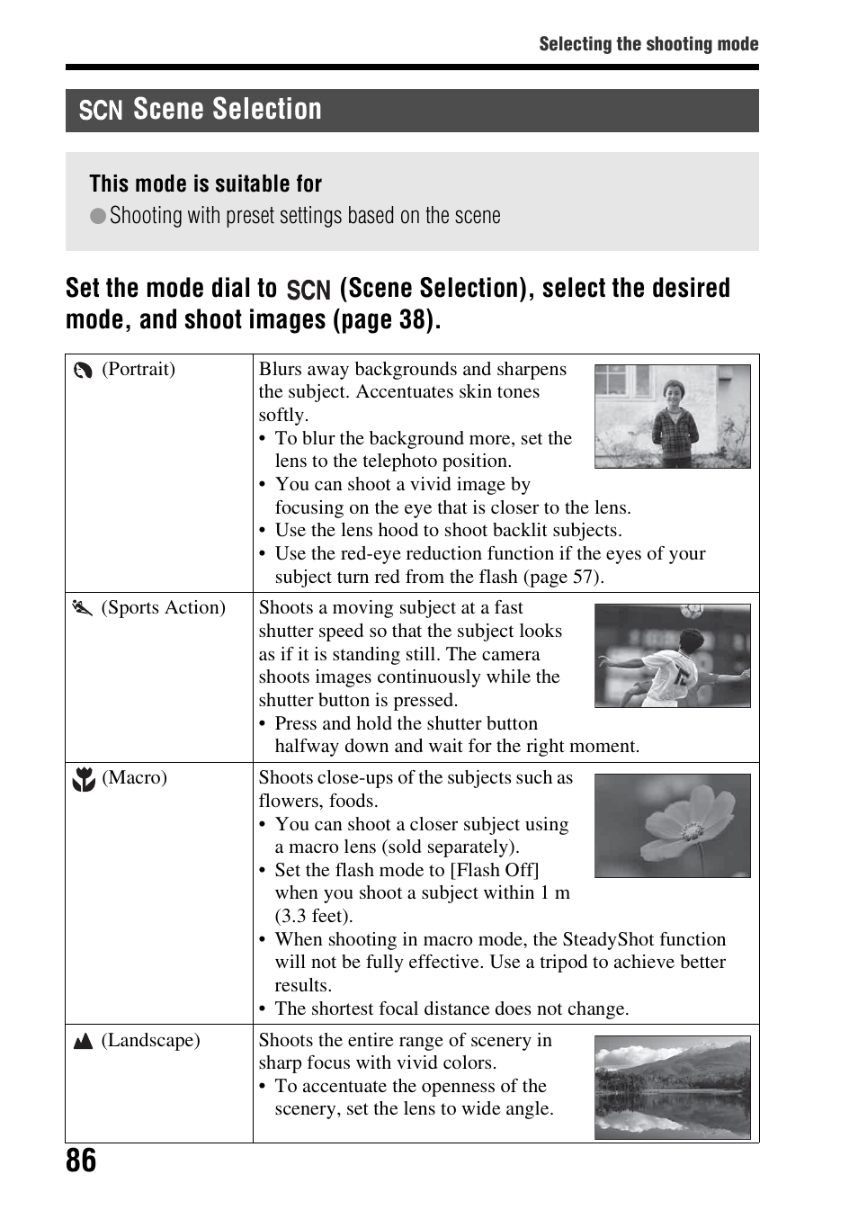 Scene selection | Sony SLT-A58 User Manual | Page 86 / 215