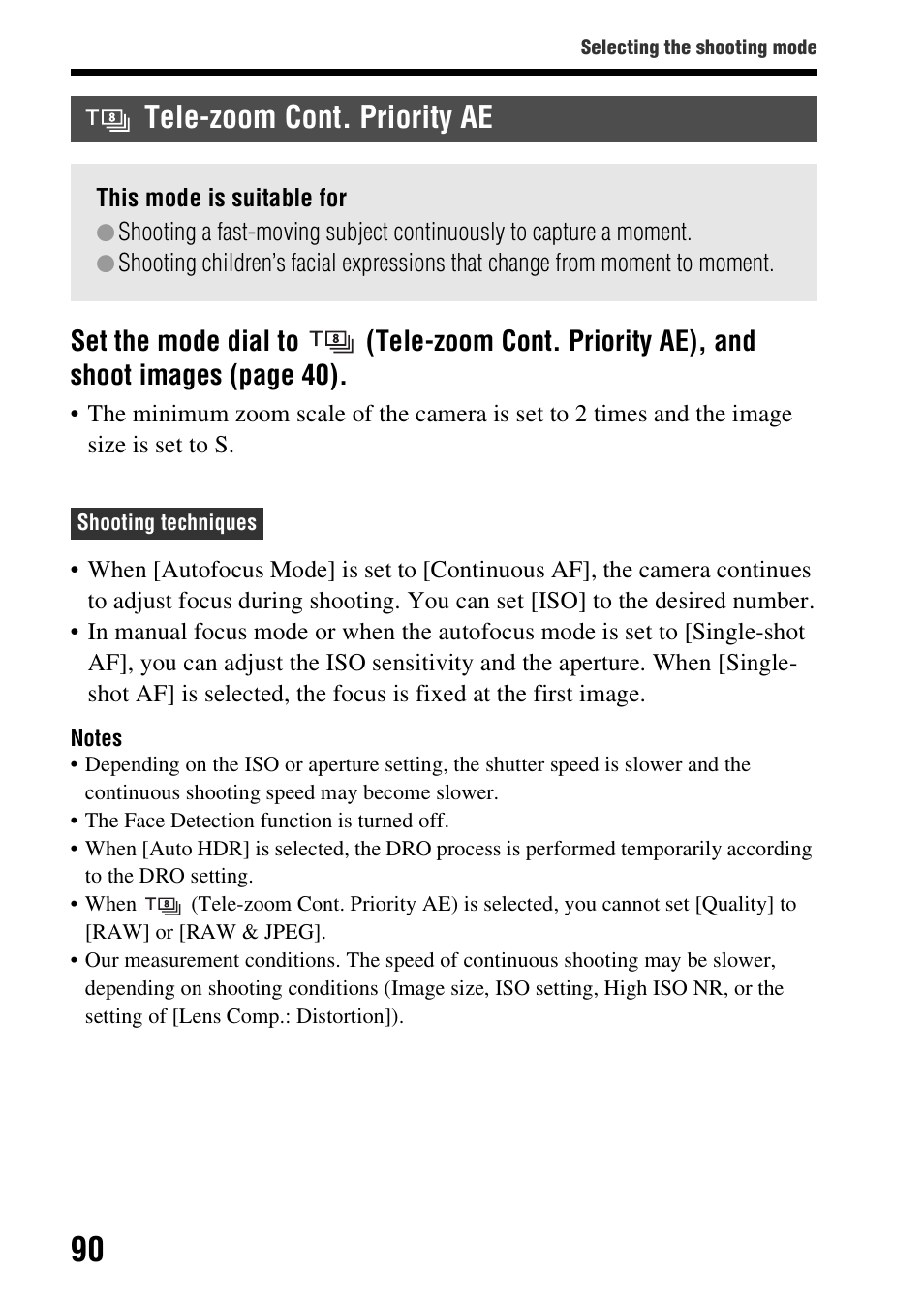 Tele-zoom cont. priority ae | Sony SLT-A58 User Manual | Page 90 / 215