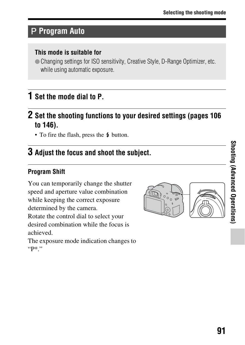 Program auto | Sony SLT-A58 User Manual | Page 91 / 215