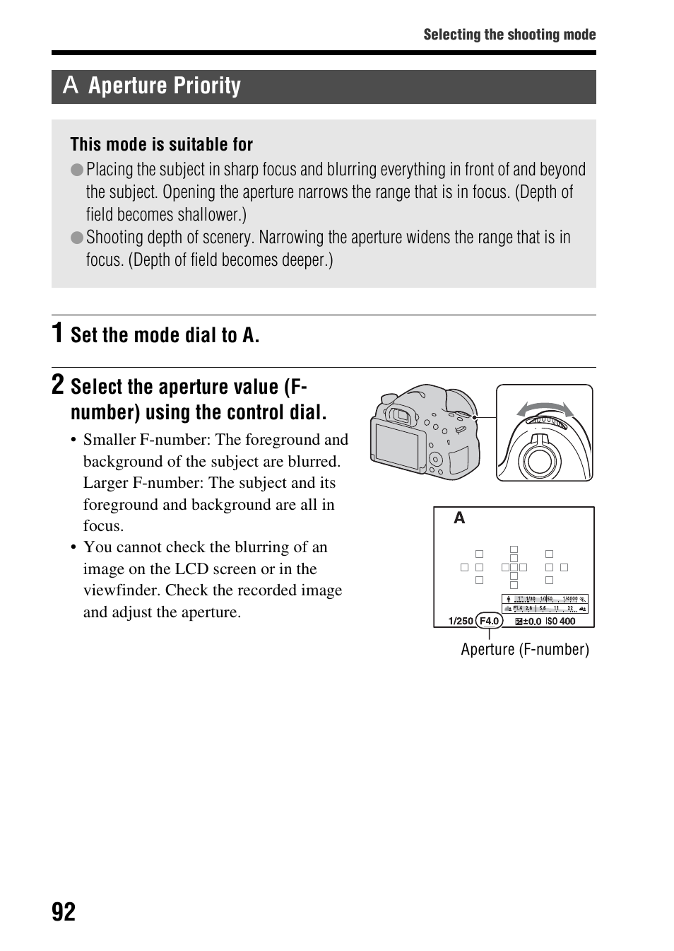 Aperture priority | Sony SLT-A58 User Manual | Page 92 / 215