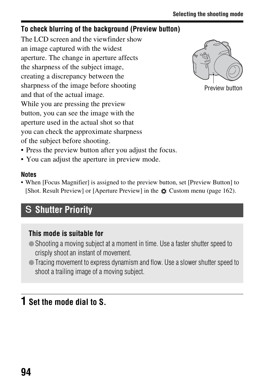 Shutter priority, 94)/f, N (94)/focus | Eed (94), Set the mode dial to s | Sony SLT-A58 User Manual | Page 94 / 215