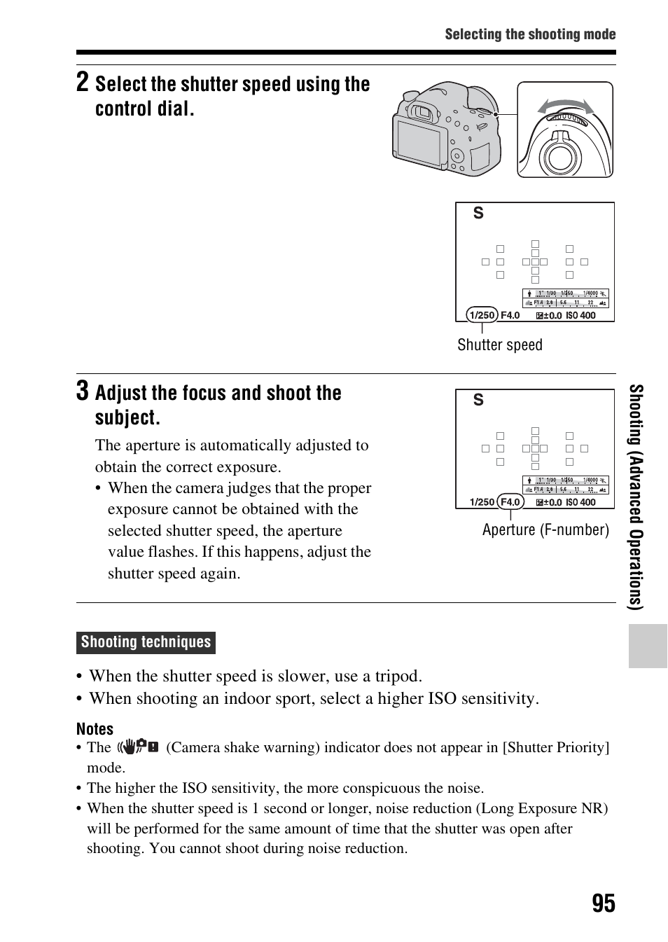 Select the shutter speed using the control dial, Adjust the focus and shoot the subject | Sony SLT-A58 User Manual | Page 95 / 215