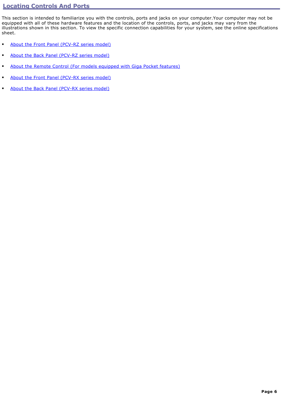 Locating controls and ports | Sony PCV-RZ26G User Manual | Page 6 / 87