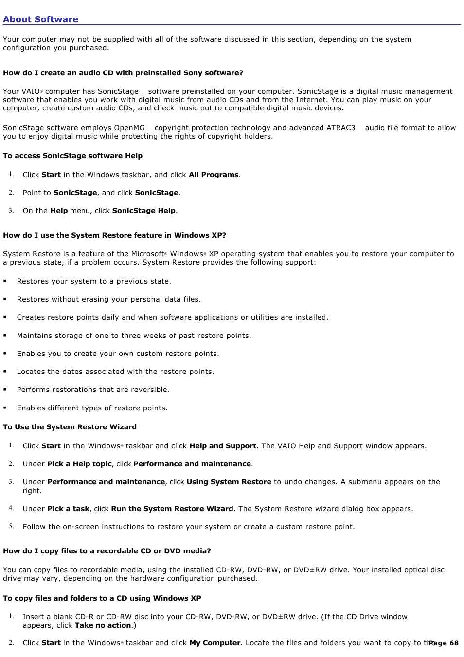 About software | Sony PCV-RZ26G User Manual | Page 68 / 87