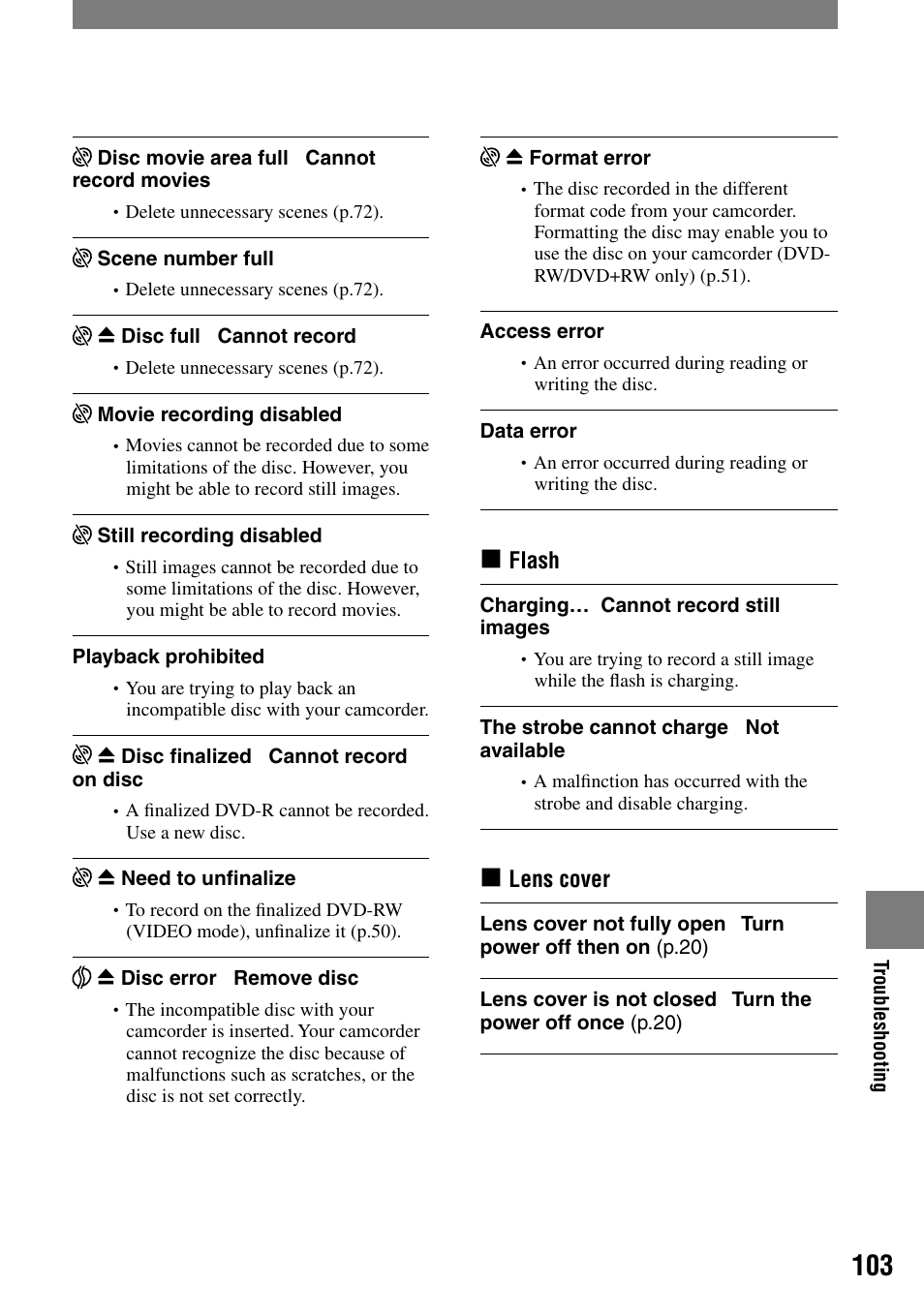 Flash, Lens cover | Sony DCR-DVD92 User Manual | Page 103 / 120