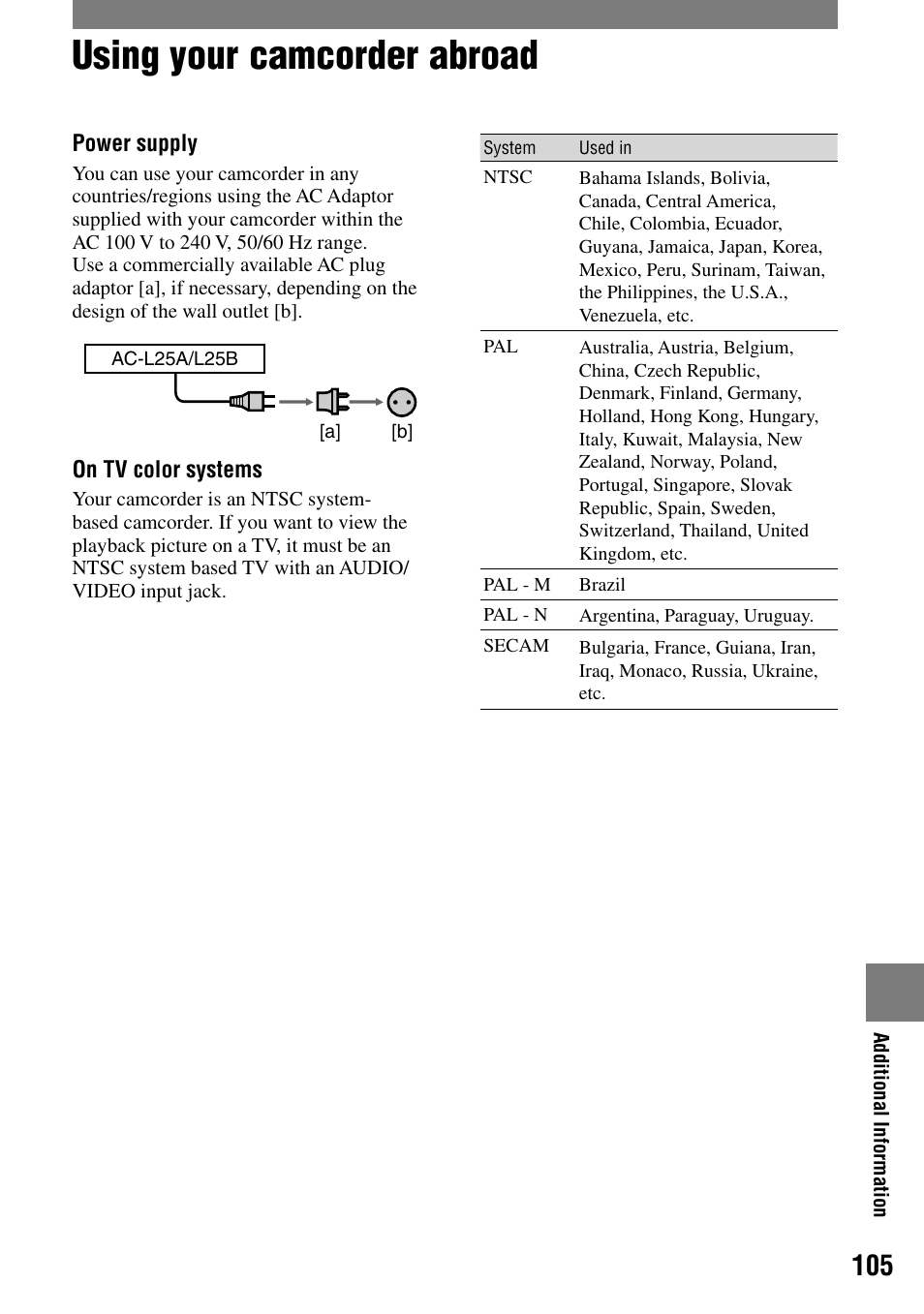Additional information, Using your camcorder abroad | Sony DCR-DVD92 User Manual | Page 105 / 120