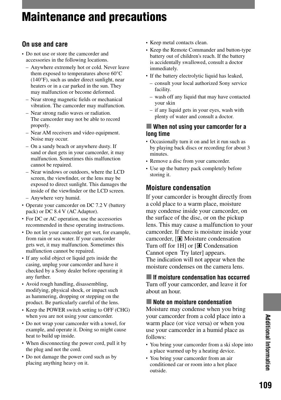 Maintenance and precautions, Moisture condensation, On use and care | Sony DCR-DVD92 User Manual | Page 109 / 120