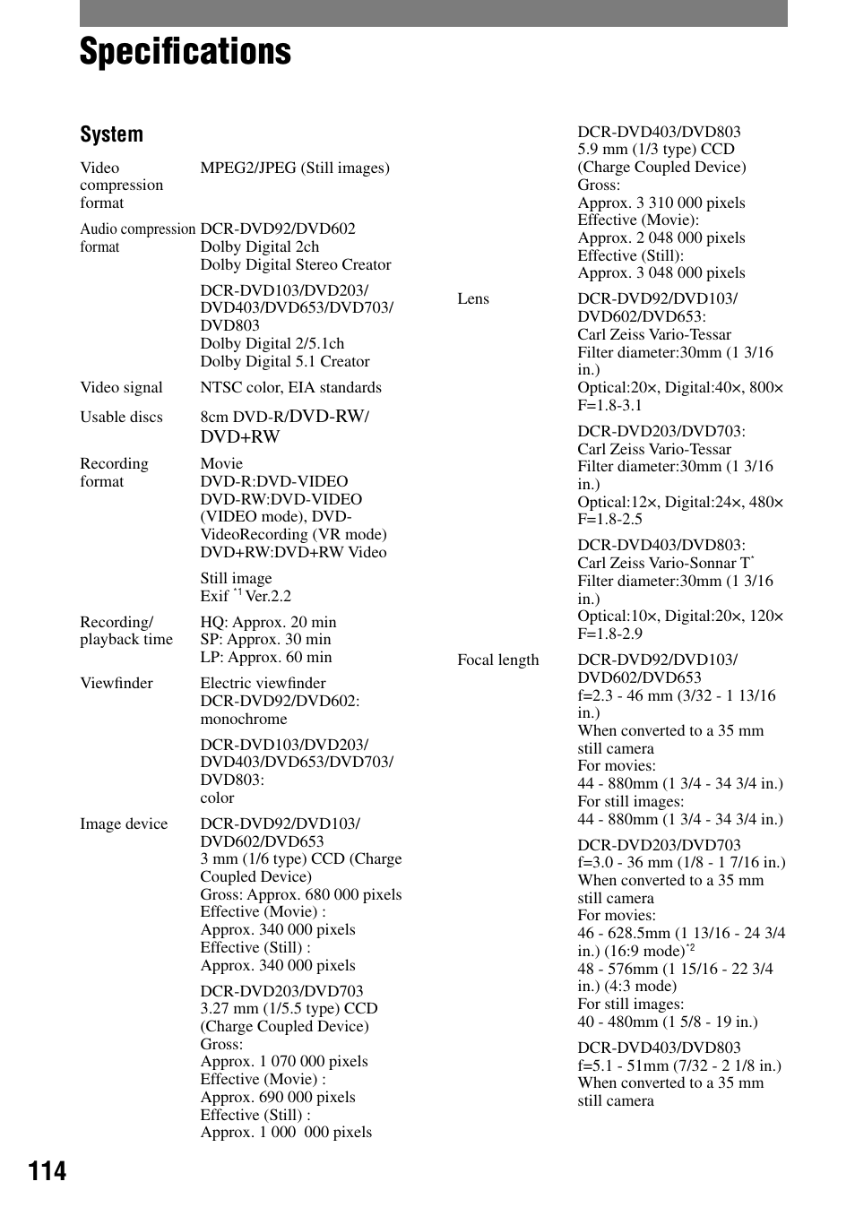 Specifications, Speciﬁcations, System | Sony DCR-DVD92 User Manual | Page 114 / 120