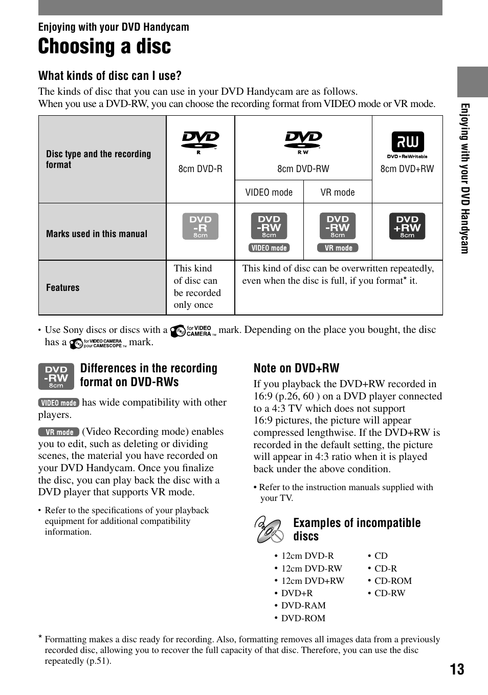 Choosing a disc | Sony DCR-DVD92 User Manual | Page 13 / 120