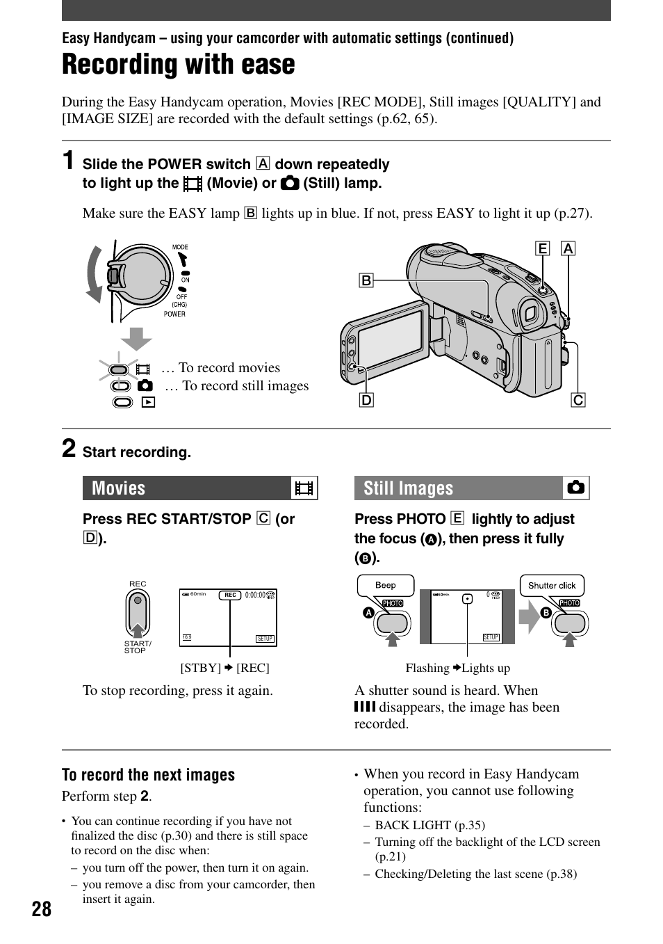 Recording with ease, Movies still images | Sony DCR-DVD92 User Manual | Page 28 / 120