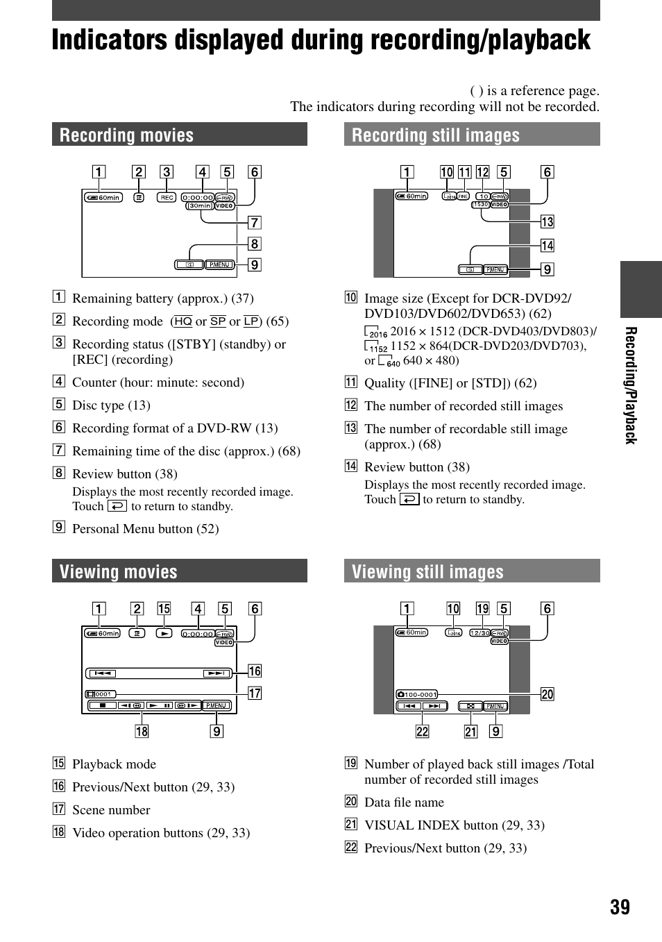 Indicators displayed during recording/playback, Recording movies, Recording still images | Viewing movies, Viewing still images | Sony DCR-DVD92 User Manual | Page 39 / 120