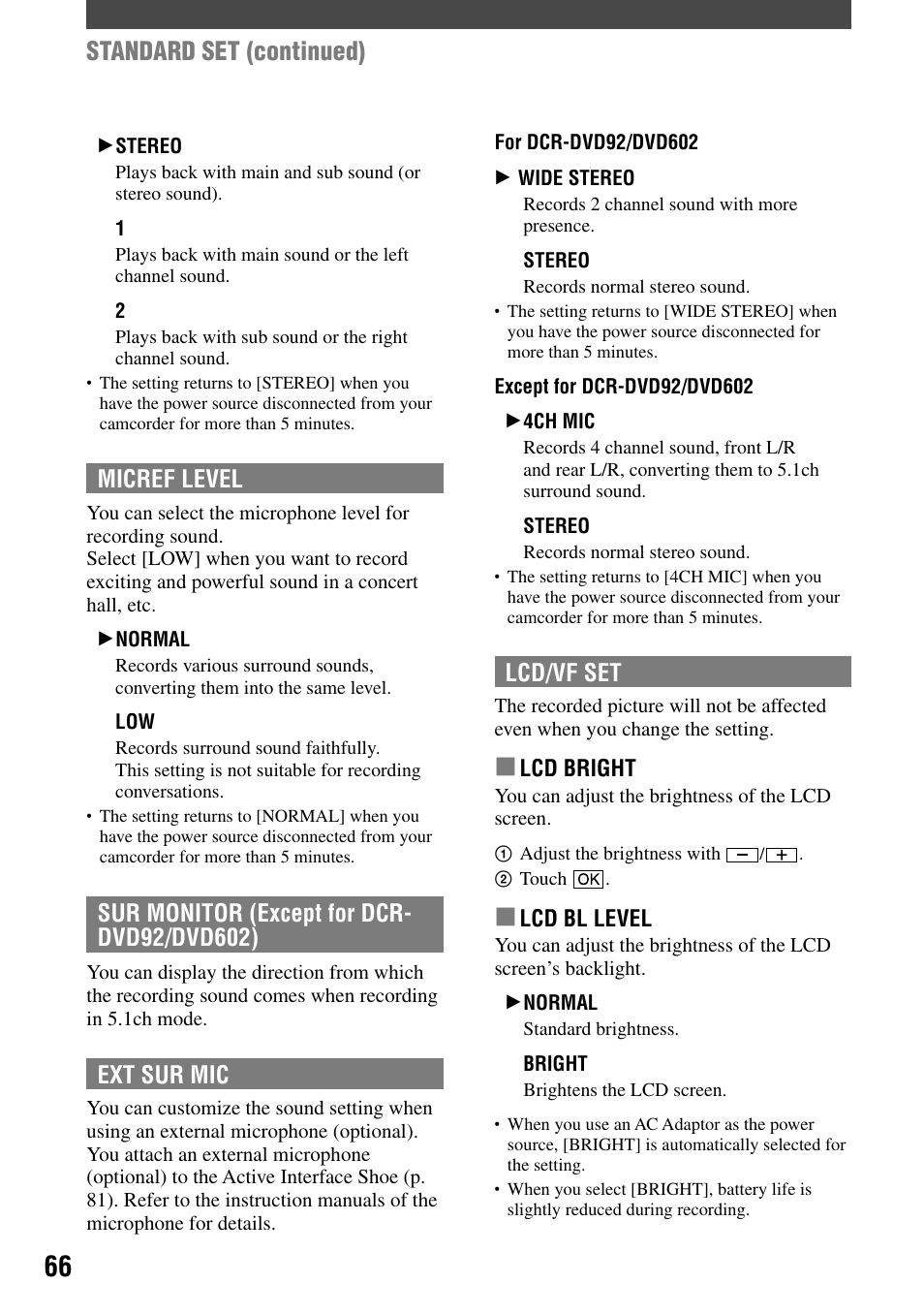 Standard set (continued), Lcd/vf set, Micref level | Ext sur mic | Sony DCR-DVD92 User Manual | Page 66 / 120