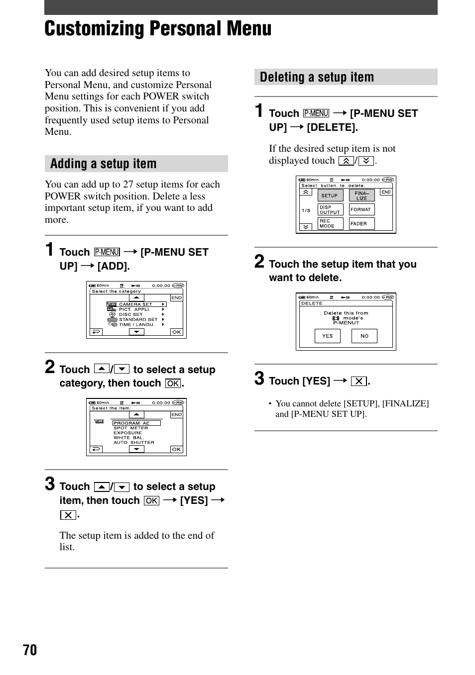 Customizing personal menu | Sony DCR-DVD92 User Manual | Page 70 / 120