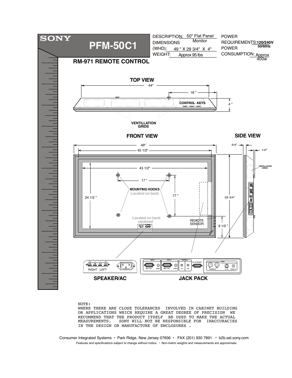 Sony PFM-50C1 User Manual | 1 page