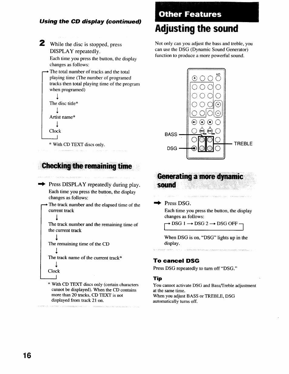 Checking the remaining time, Other features, Adjusting the sound | Generating a more dynamic sound, To cancel dsg, J©0 0 o o o 6, O-0 q | Sony CMT-EX22 User Manual | Page 16 / 28