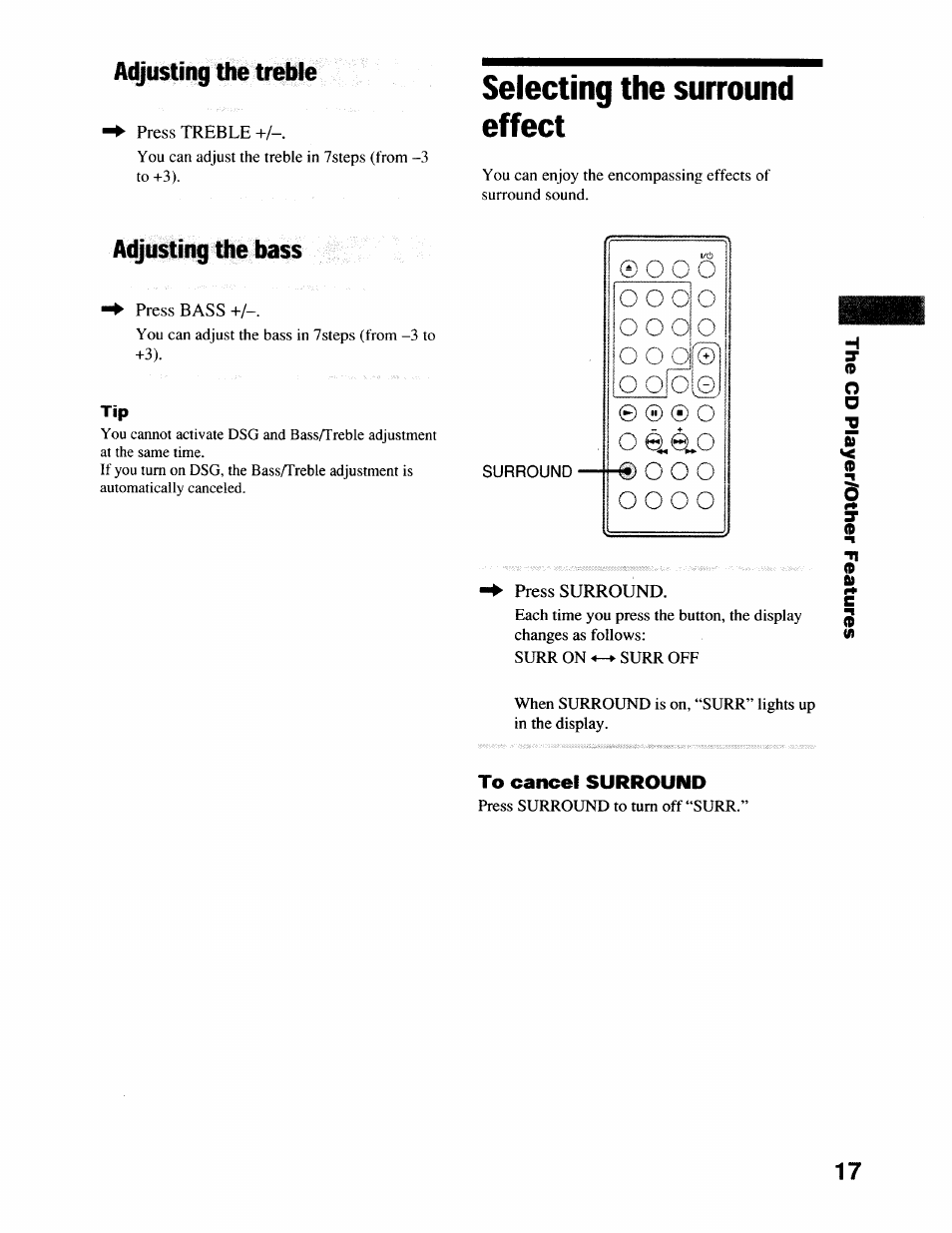Adjusting the treble, Selecting the surround effect, Adjusting the bass | Surround, To cancel surround, O o © o ©o, Oo o o o | Sony CMT-EX22 User Manual | Page 17 / 28