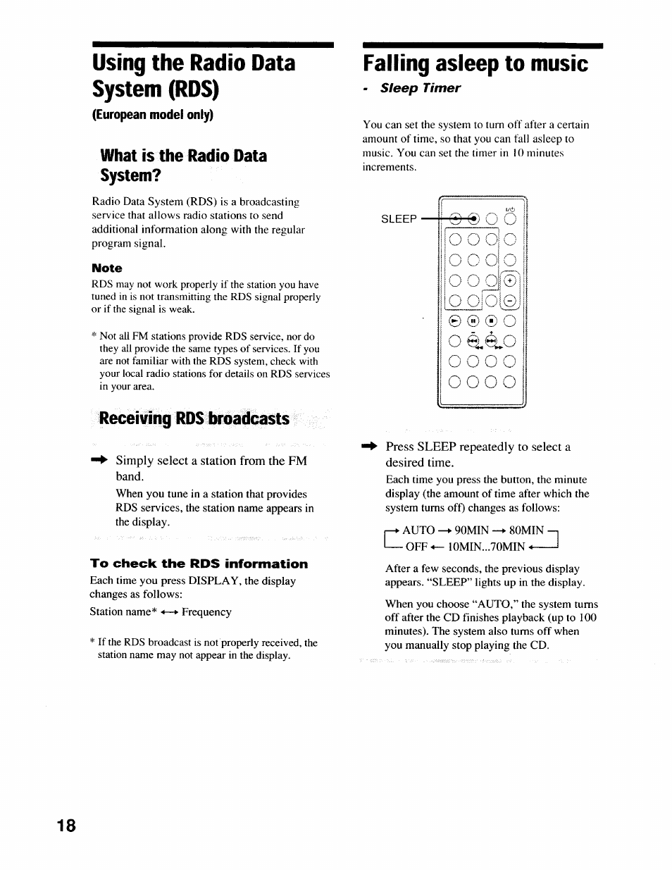 Using the radio data system (rds), European model only), What is the radio data system | Receiving rds broadcasts, Simply select a station from the fm band, Falling asleep to music, Sleep, Press sleep repeatedly to select a desired time, 90min -♦ 80min 10min min -h | Sony CMT-EX22 User Manual | Page 18 / 28