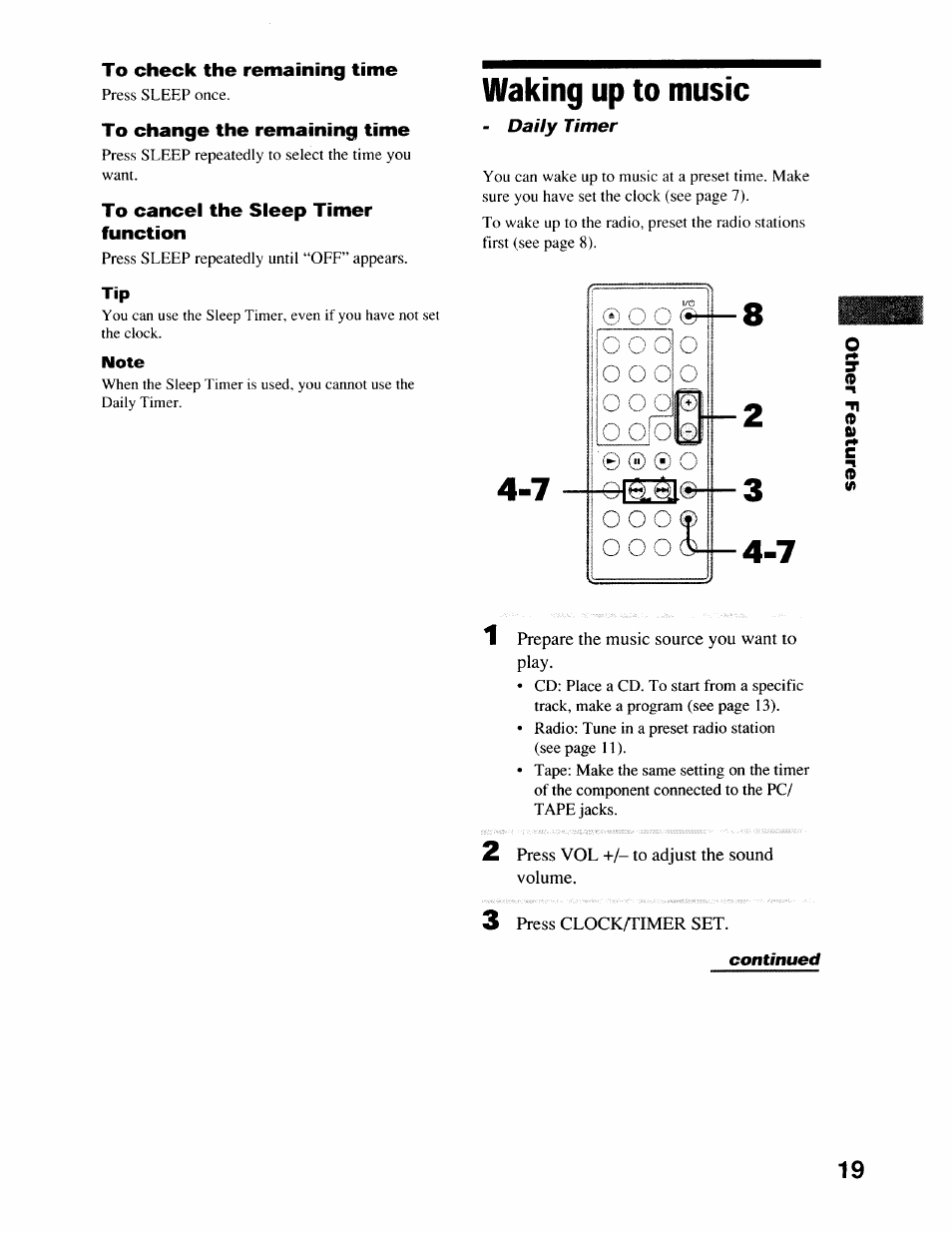 Waking up to music, T prepare the music source you want to play, 2 press vol +/- to adjust the sound volume | 3 press clock/timer set | Sony CMT-EX22 User Manual | Page 19 / 28