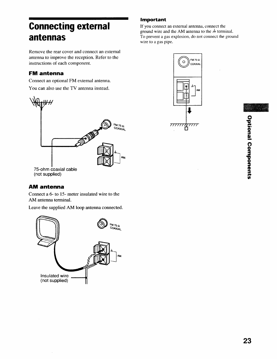 Connecting external antennas, Fm antenna, Am antenna | Sony CMT-EX22 User Manual | Page 23 / 28