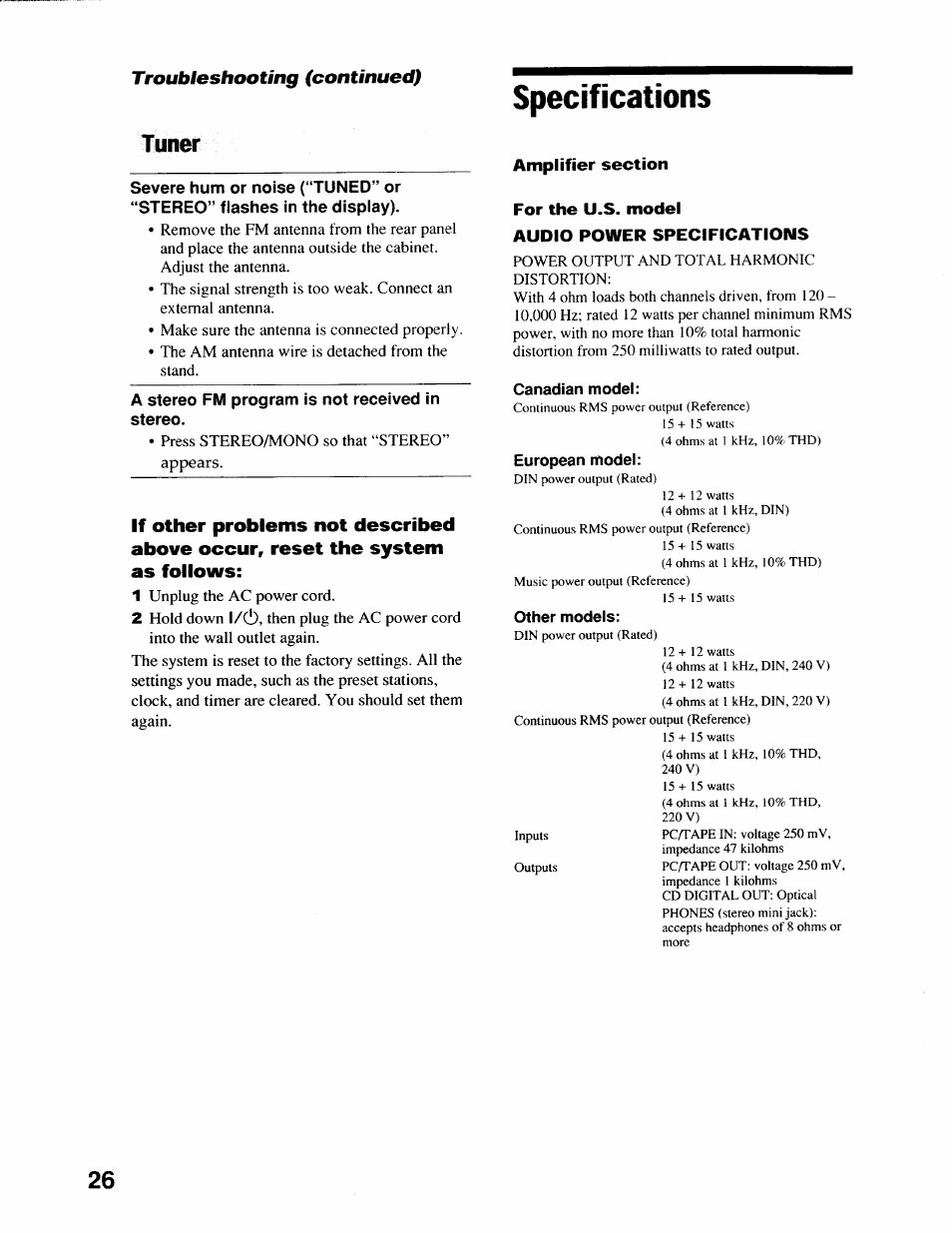 Tuner, A stereo fm program is not received in stereo, Specifications | Canadian model, European model, Other models | Sony CMT-EX22 User Manual | Page 26 / 28