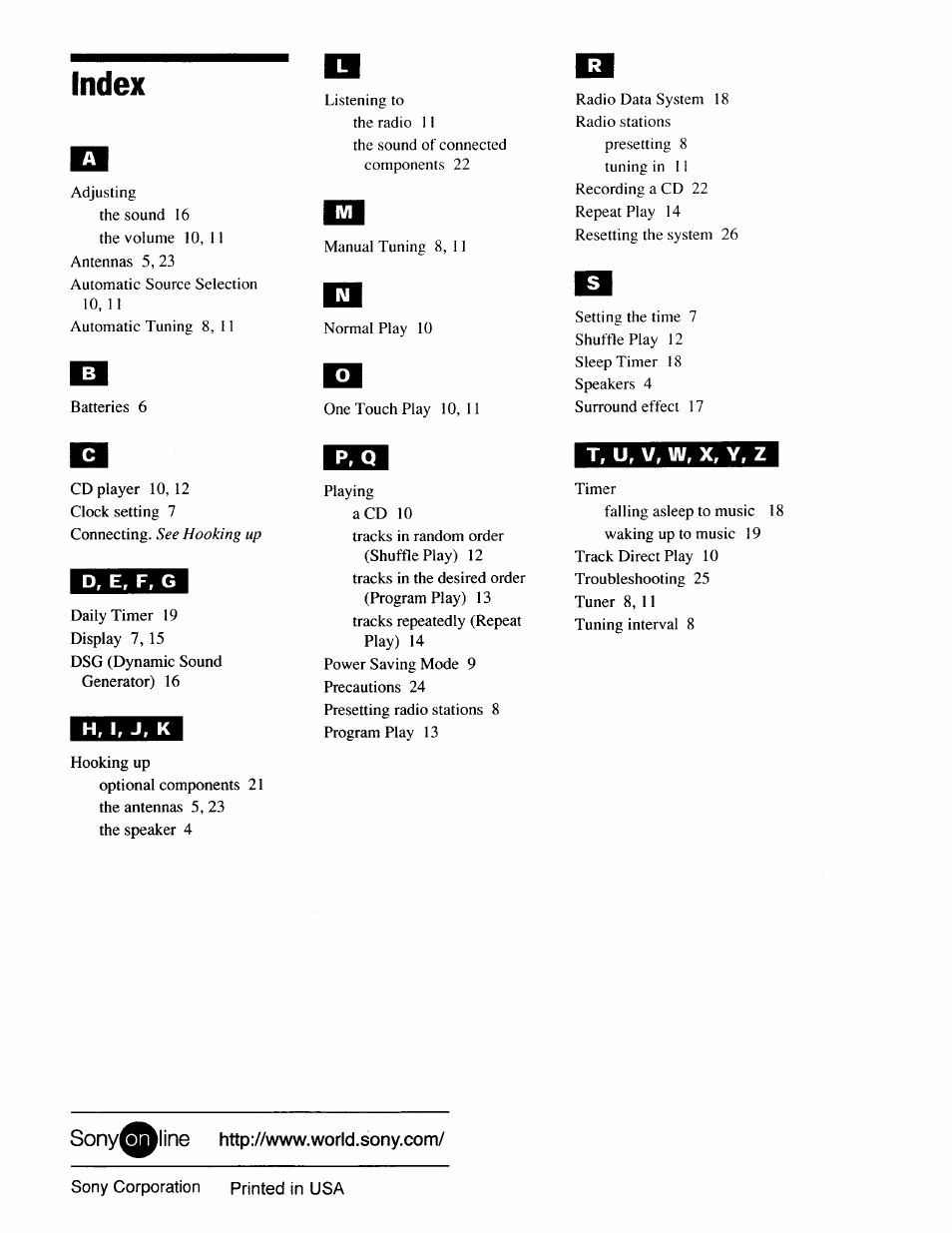 Index, H, i, j, k, T, u, v, w, x, y, z | Sony CMT-EX22 User Manual | Page 28 / 28