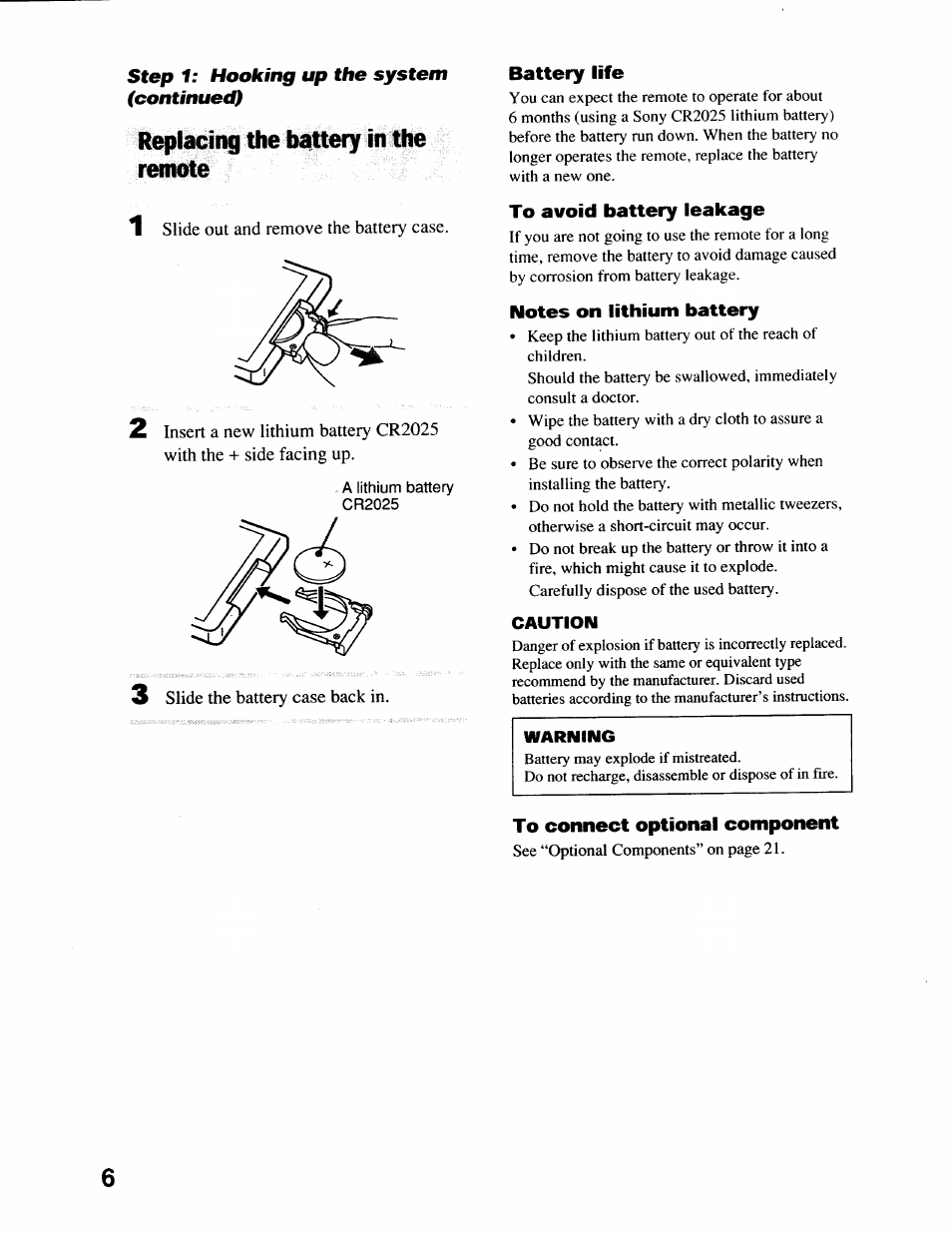 Replacing the battery in the remote, Battery life, To avoid battery leakage | Notes on lithium battery, To connect optional component | Sony CMT-EX22 User Manual | Page 6 / 28