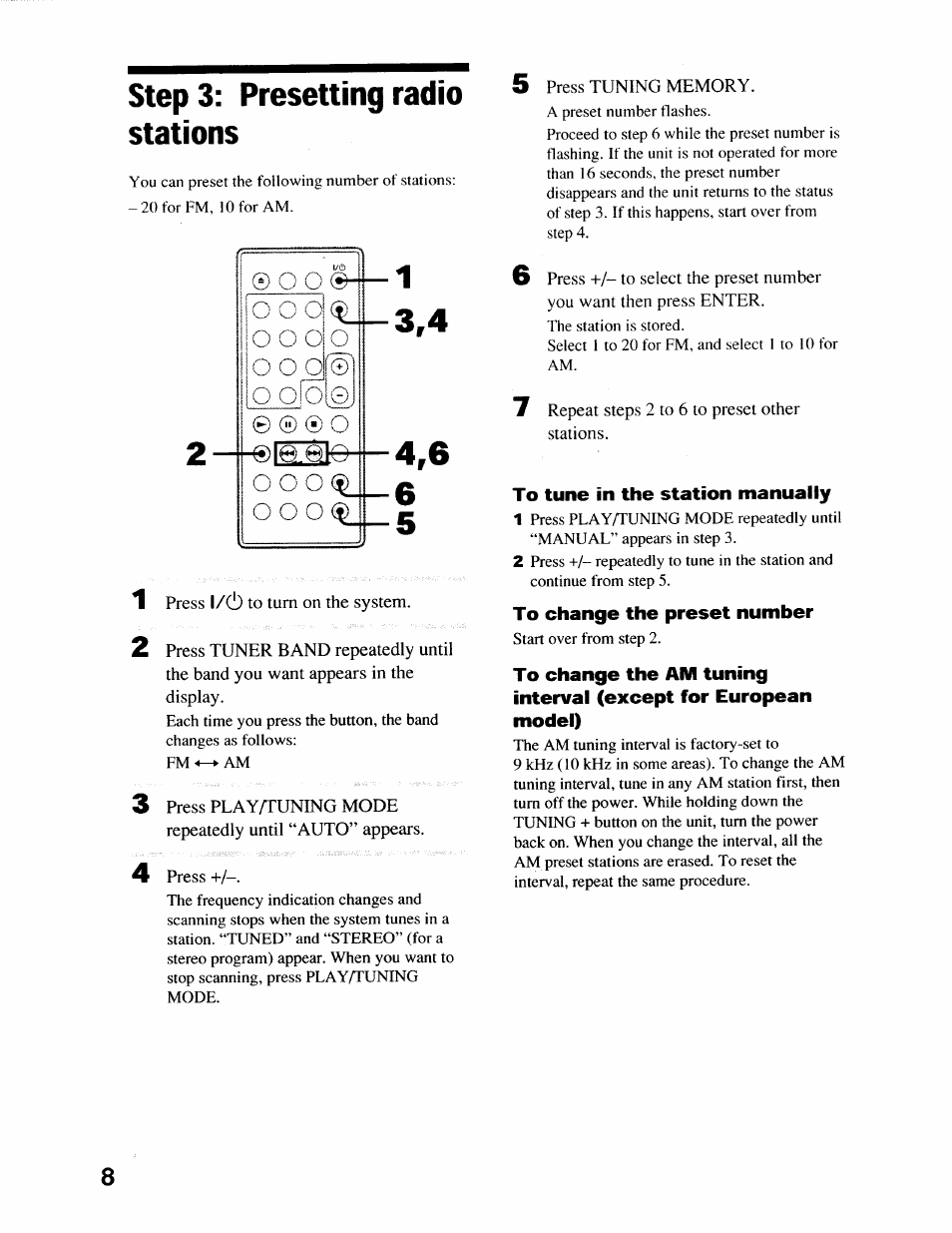 Step3: presetting radio stations, To tune in the station manually, To change the preset number | Step 3; presetting radio stations, O o o | Sony CMT-EX22 User Manual | Page 8 / 28