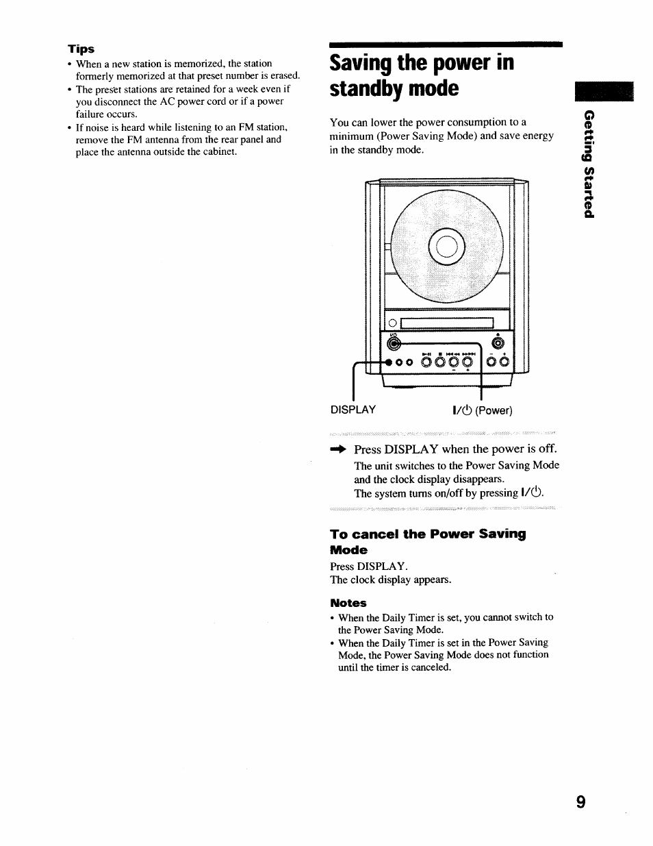 Saving the power in standby mode, To cancel the power saving mode | Sony CMT-EX22 User Manual | Page 9 / 28