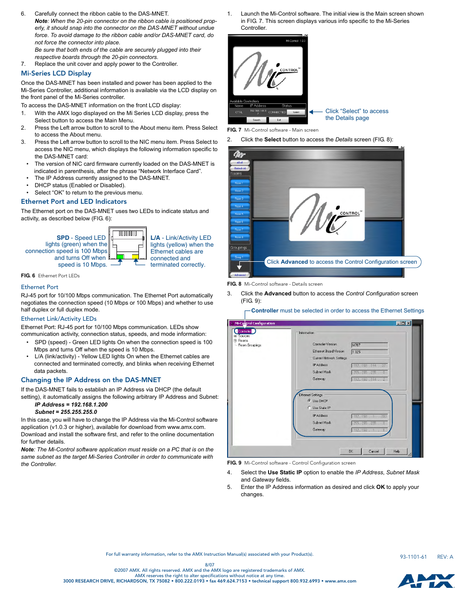 Mi-series lcd display, Ethernet port and led indicators, Ethernet port | Ethernet link/activity leds, Changing the ip address on the das-mnet | AMX Mi-Series Network Interface Card DAS-MNET User Manual | Page 2 / 2