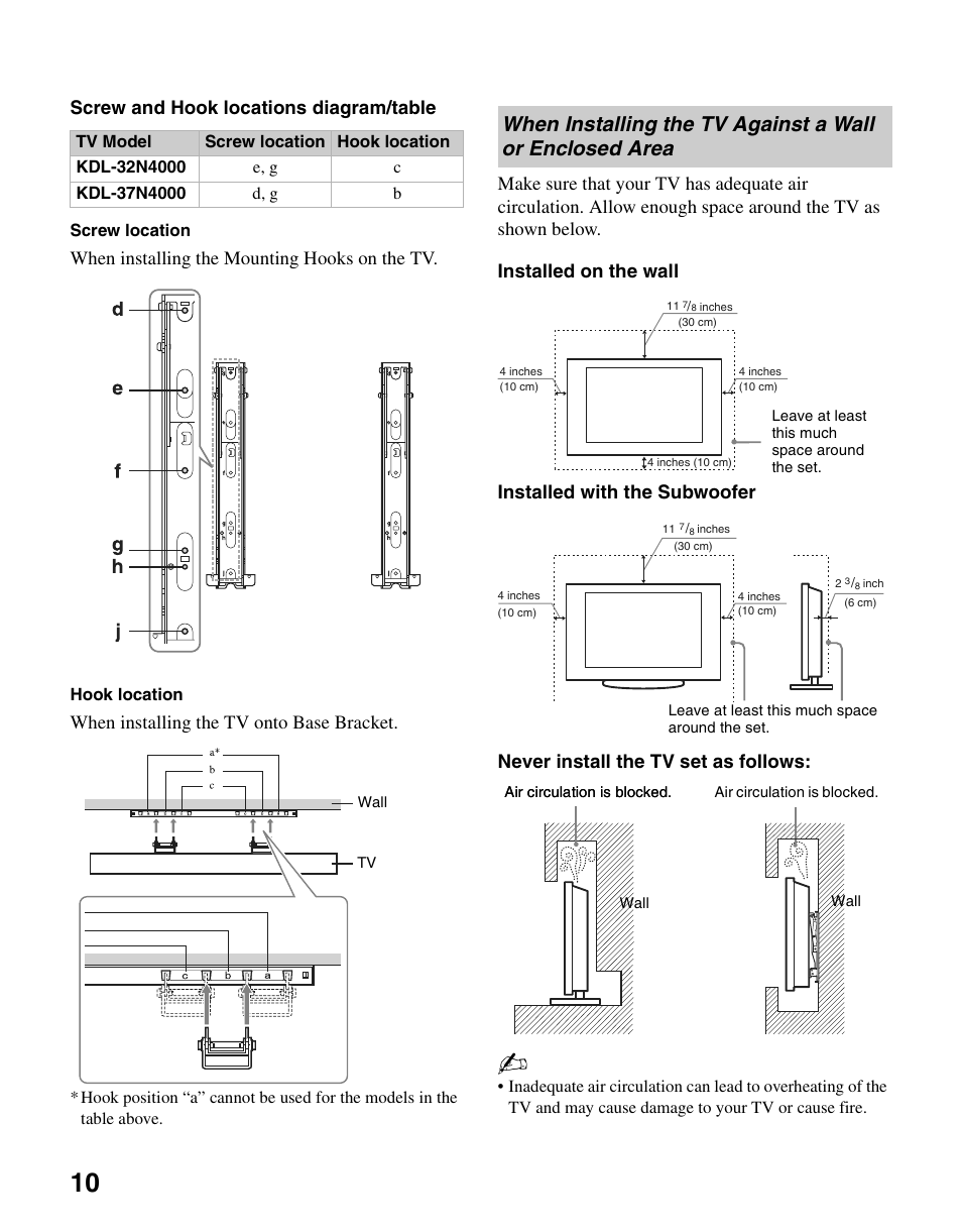 When installing the tv against a wall or, Enclosed area, Screw and hook locations diagram/table | When installing the mounting hooks on the tv, When installing the tv onto base bracket | Sony KDL-37N4000 User Manual | Page 10 / 48