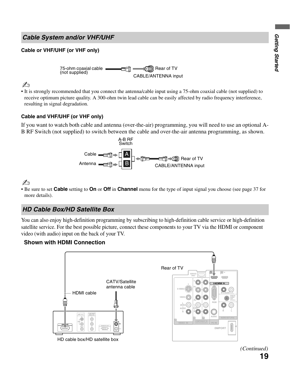 Cable system and/or vhf/uhf, Hd cable box/hd satellite box, Shown with hdmi connection | Continued) | Sony KDL-37N4000 User Manual | Page 19 / 48