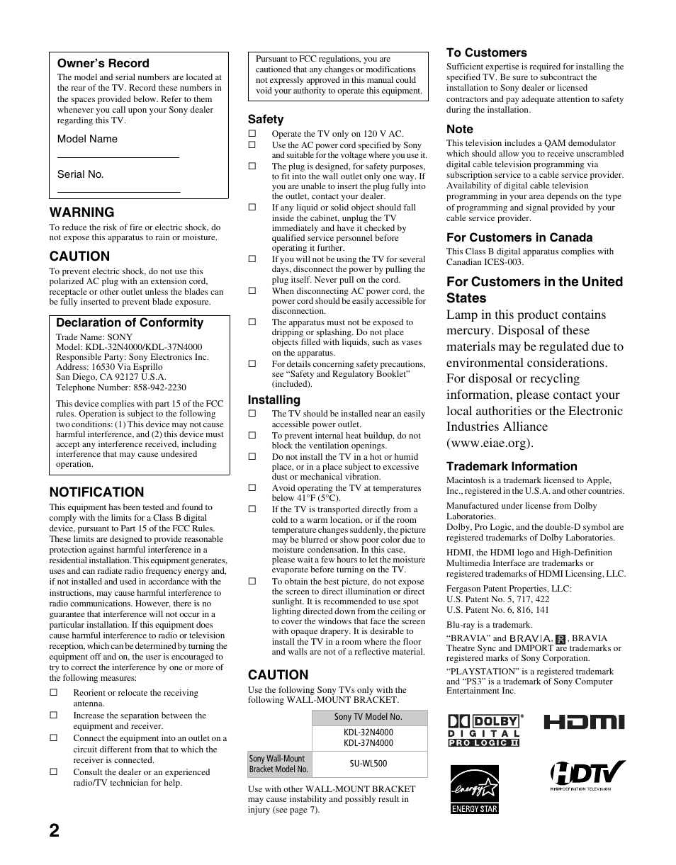 Warning, Caution, Notification | Sony KDL-37N4000 User Manual | Page 2 / 48