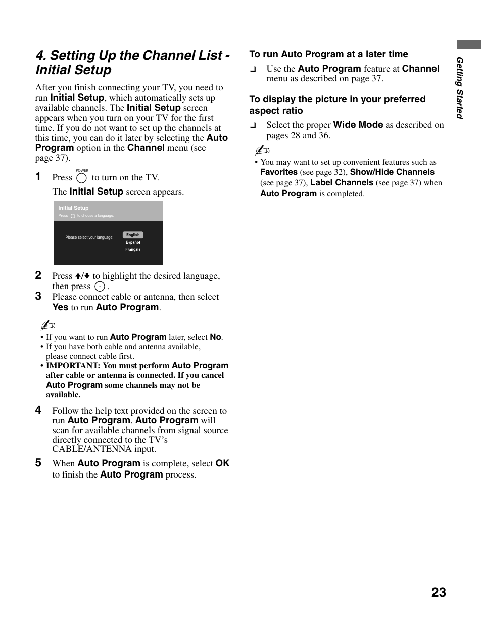 Setting up the channel list - initial setup, Setting up the channel list, Initial setup | Sony KDL-37N4000 User Manual | Page 23 / 48