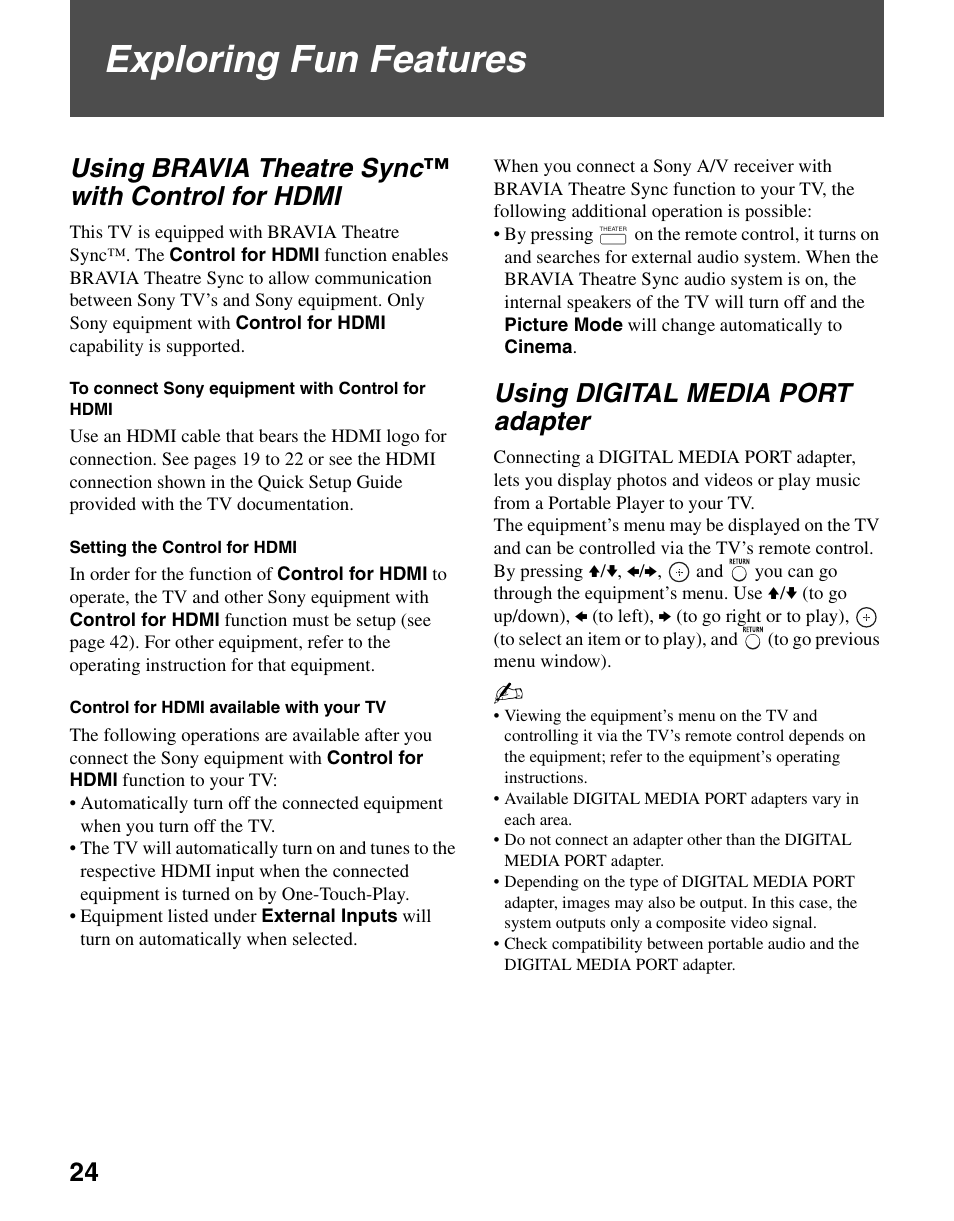 Exploring fun features, Using bravia theatre sync™ with control for hdmi, Using digital media port adapter | Using bravia theatre sync™ with, Control for hdmi, Using bravia theatre sync ™ with control for hdmi | Sony KDL-37N4000 User Manual | Page 24 / 48