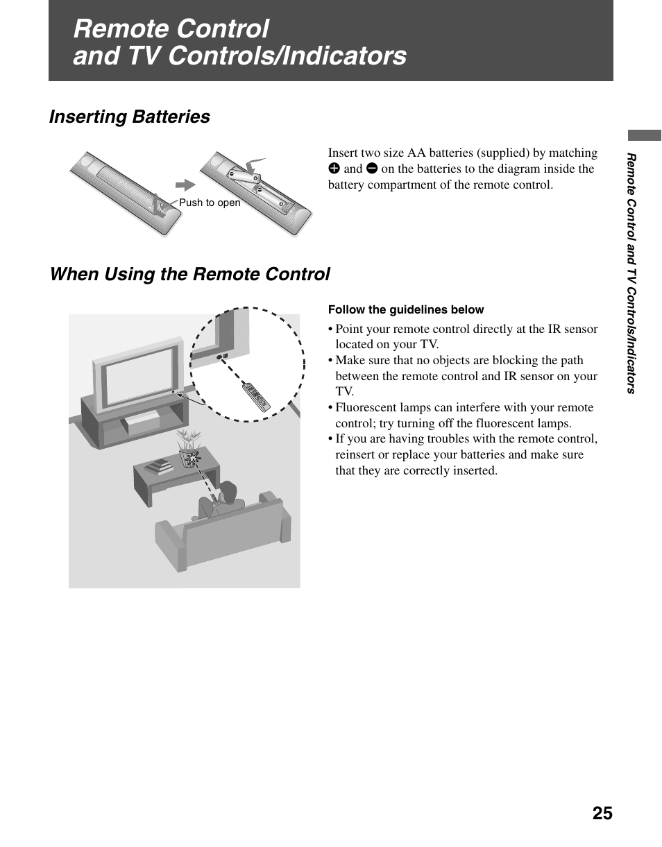 Remote control and tv controls/indicators, Inserting batteries, When using the remote control | Inserting batteries when using the remote control | Sony KDL-37N4000 User Manual | Page 25 / 48