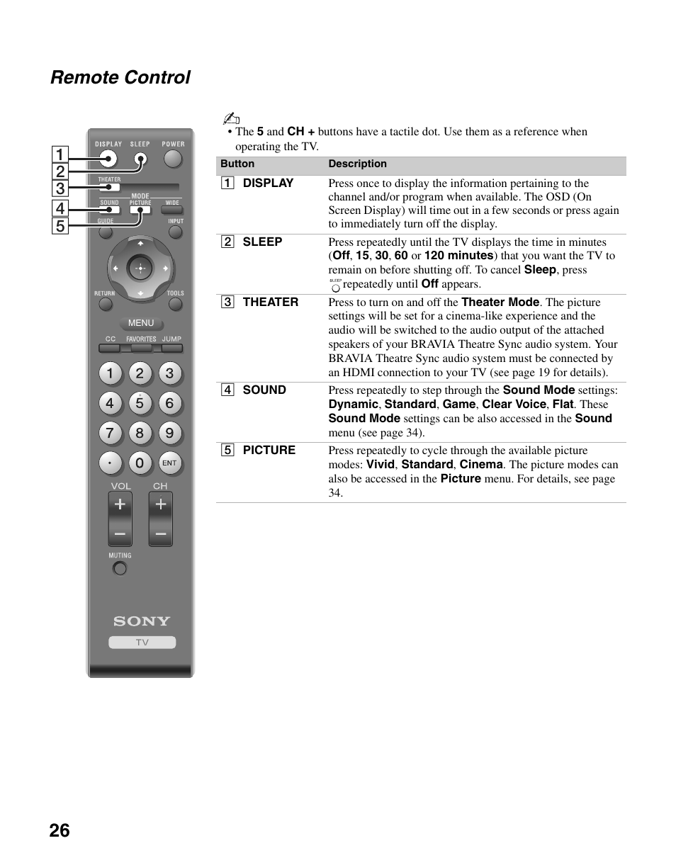 Remote control, 26 remote control | Sony KDL-37N4000 User Manual | Page 26 / 48